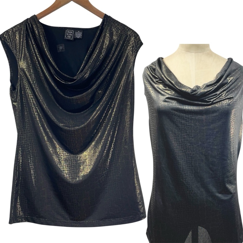 Y2K Glam Metallic Top Cowl Snake Gold Club Shimmer Neutral Contemporary Edgy